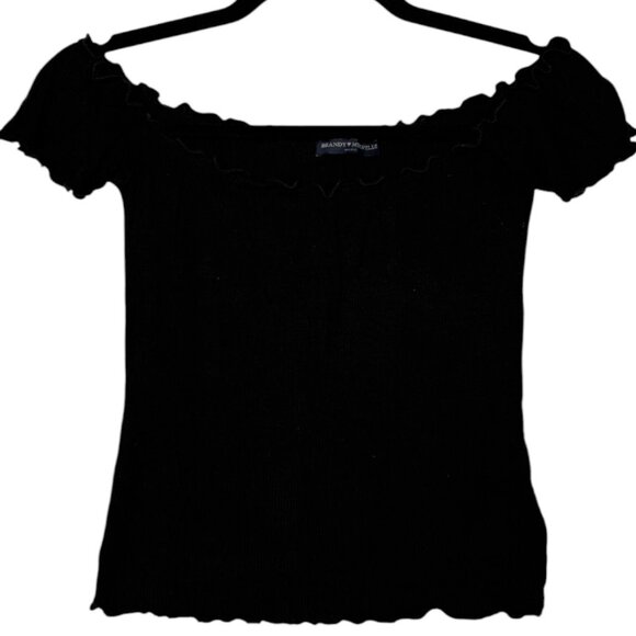Brandy Melville Black Cropped Ribbed Ruffle Trim Short Sleeve Tee - OS - Picture 3 of 3